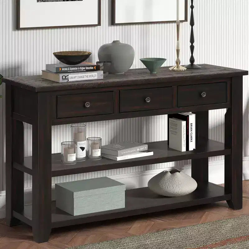 Consolle dal design classico vintage con 3 cassetti e 2 ripiani
