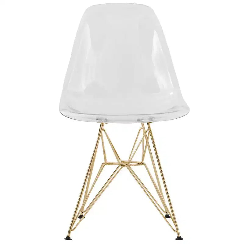 Sedia da pranzo moderna in acrilico con base Eiffel cromata color oro, elegante sedia d'accento per sala da pranzo, cucina o ufficio in stile contemporaneo