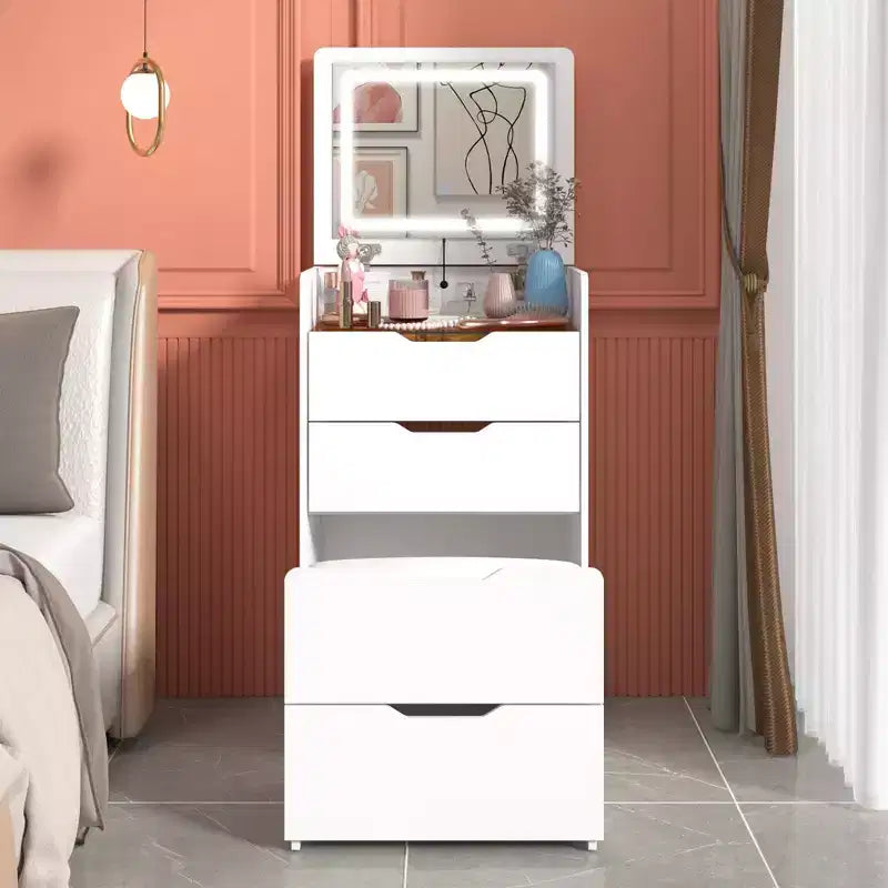 White Foldable Vanity Table with Storage, One-Piece Design, Top Jewelry Storage