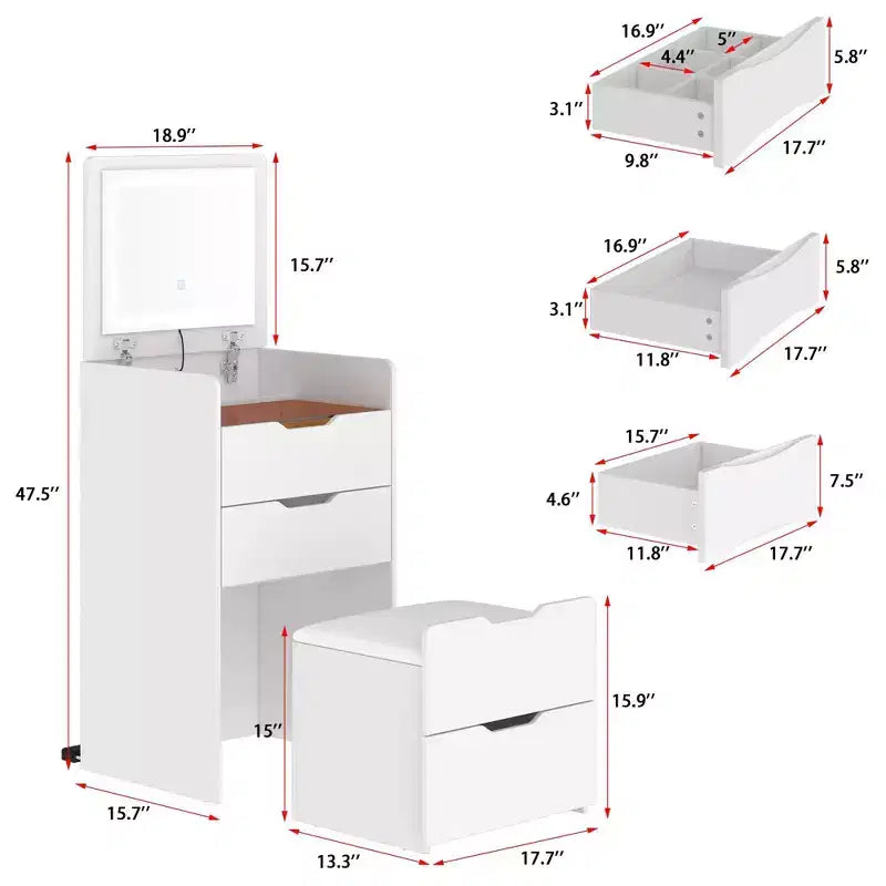 White Foldable Vanity Table with Storage, One-Piece Design, Top Jewelry Storage