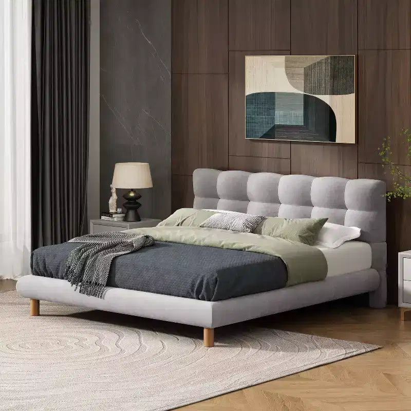Modern Chenille Upholstered Platform Bed with Rubberwood Frame and Headboard