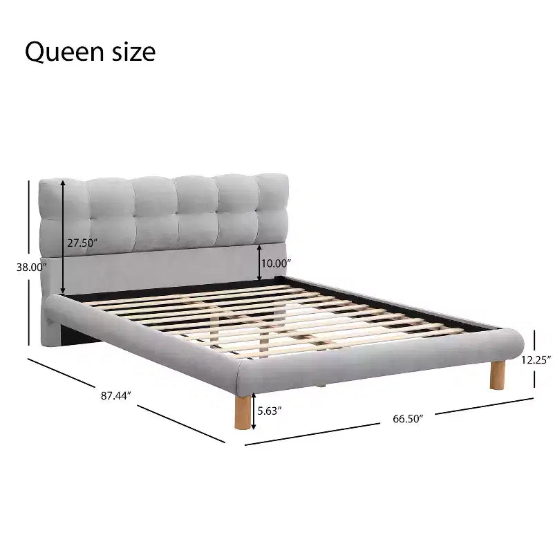 Modern Chenille Upholstered Platform Bed with Rubberwood Frame and Headboard