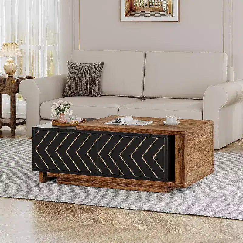 Lantine Extendable Coffee Table, 42-65 Adjustable Reversible Wood Center Table with 2 Storage Drawers for Living Room