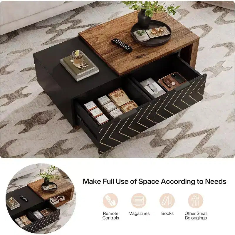 Lantine Extendable Coffee Table, 42-65 Adjustable Reversible Wood Center Table with 2 Storage Drawers for Living Room
