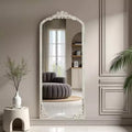 Solid wood carved flower straight-angle micro-curved weathered white full-length mirror (without stand)
