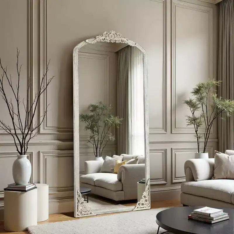 Solid wood carved flower straight-angle micro-curved weathered white full-length mirror (without stand)