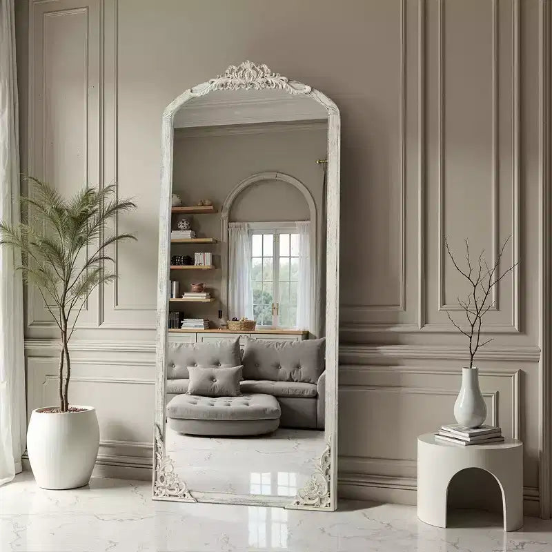 Solid wood carved flower straight-angle micro-curved weathered white full-length mirror (without stand)