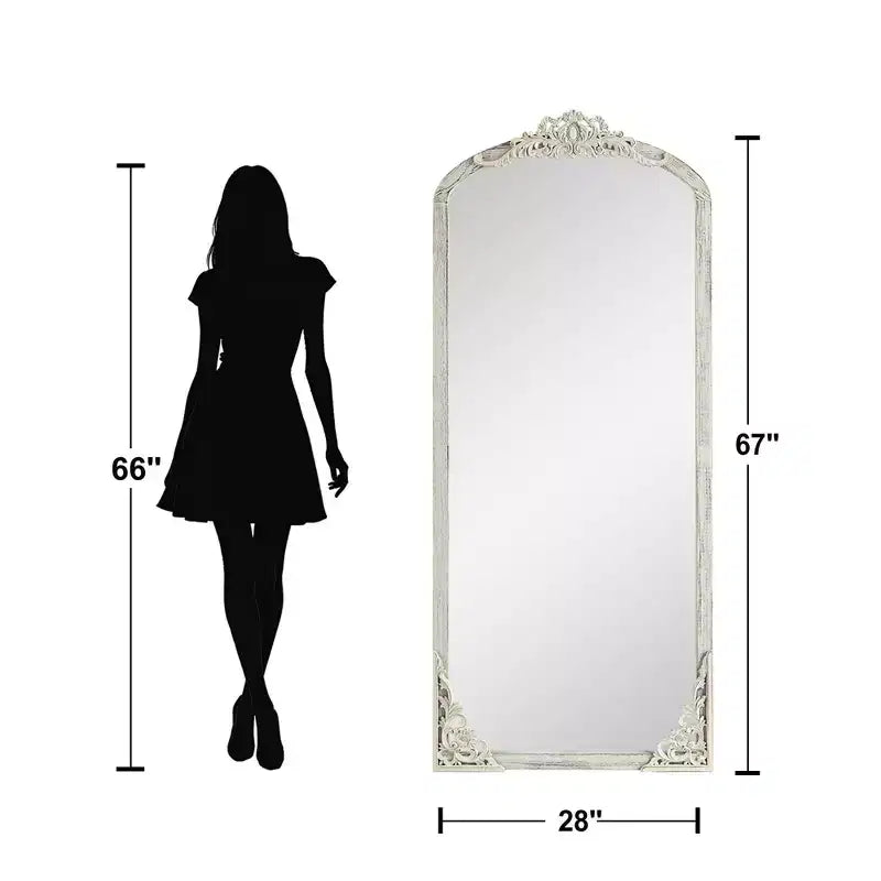 Solid wood carved flower straight-angle micro-curved weathered white full-length mirror (without stand)
