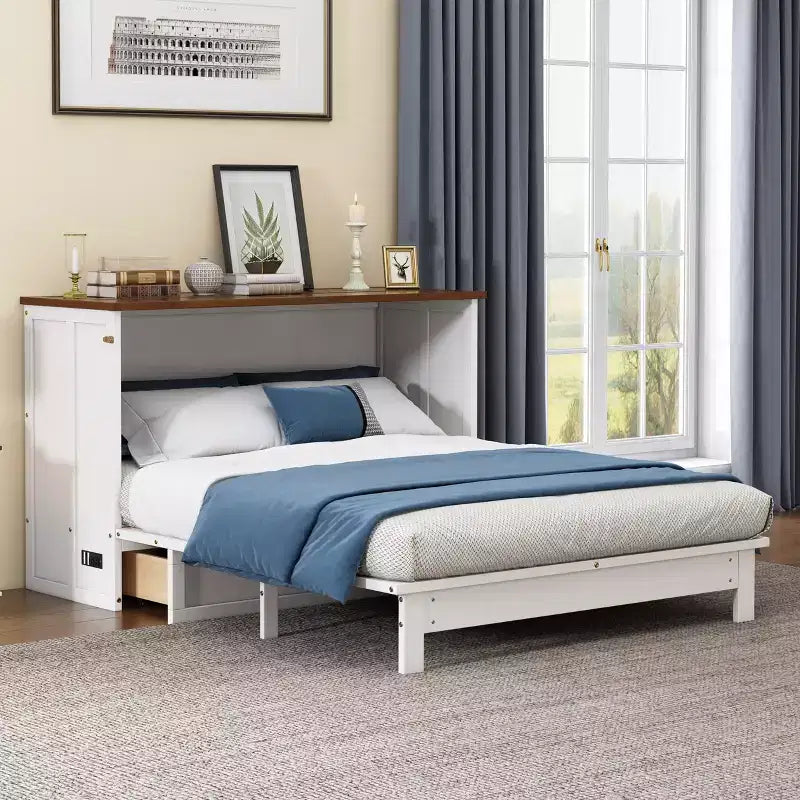 Cassettone moderno in legno con letto a scomparsa, stazione di ricarica e ampi cassetti portaoggetti