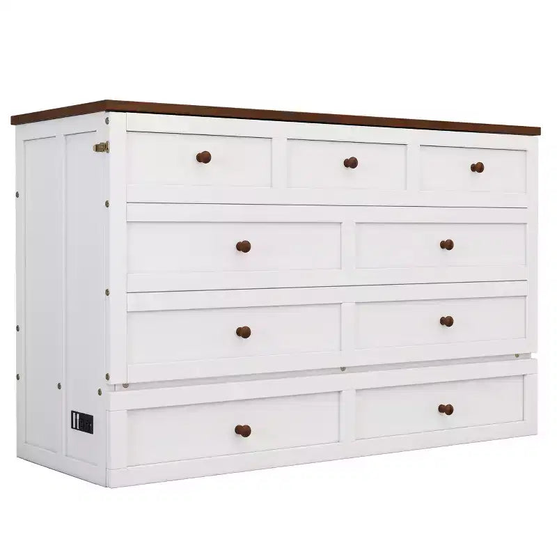 Modern Wooden Murphy Bed Chest with Charging Station and Large Storage Drawers