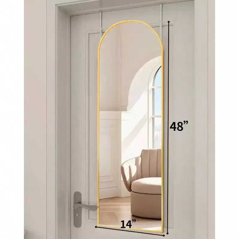 Gold Arched Full Length Mirror, 48x14 Inch. Shatter-Proof, Aluminum Frame for Over-Door or Wall Mount in Any Room