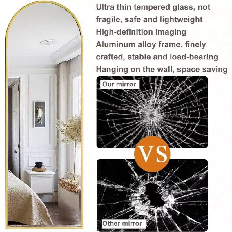 Gold Arched Full Length Mirror, 48x14 Inch. Shatter-Proof, Aluminum Frame for Over-Door or Wall Mount in Any Room