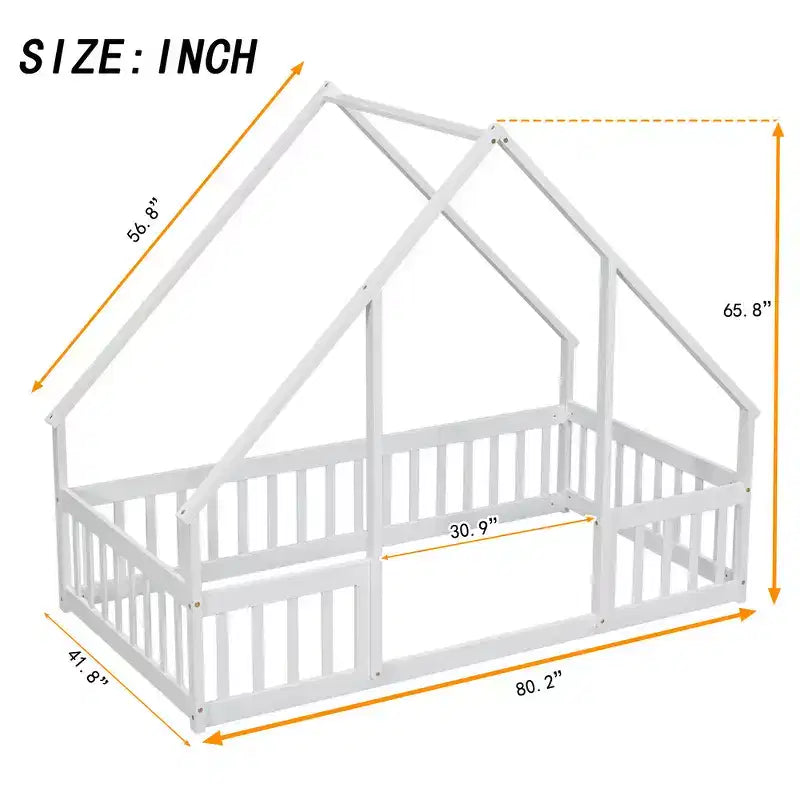 Letto a pavimento moderno a forma di casetta in legno con recinzione e sponde di protezione