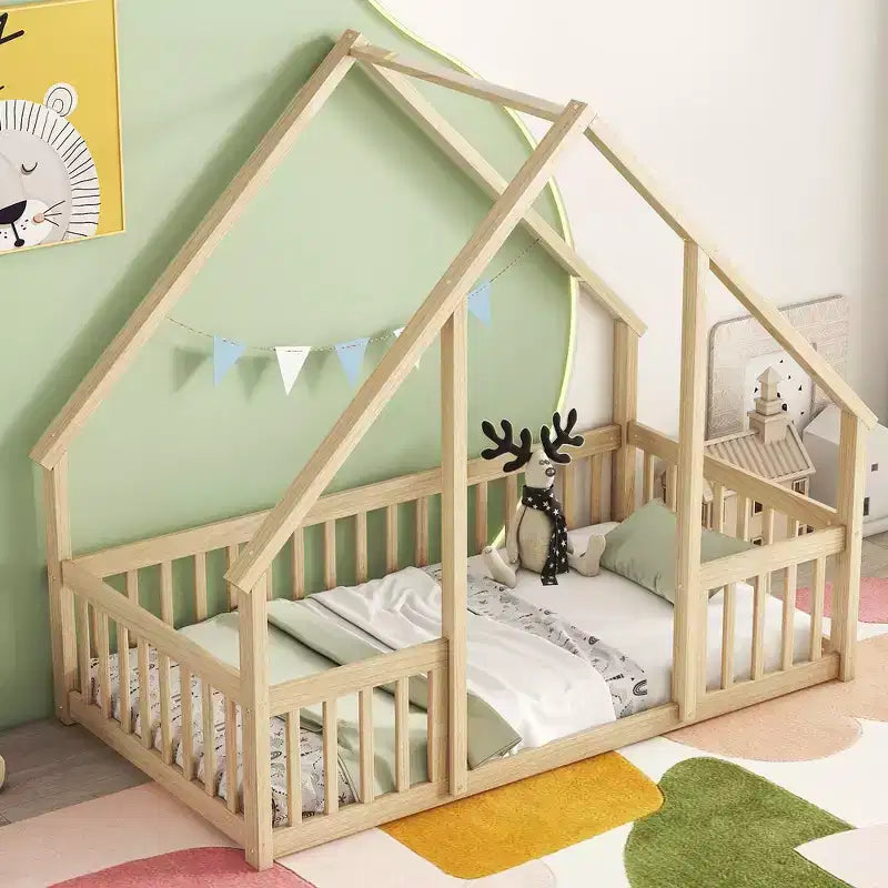Modern Wooden House-Shaped Floor Bed with Fence and Guardrails