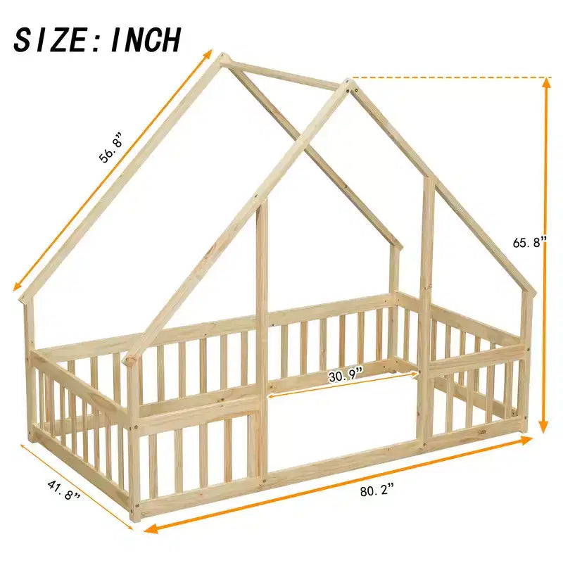 Modern Wooden House-Shaped Floor Bed with Fence and Guardrails