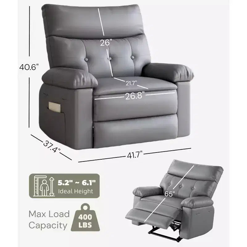 27 Poltrona reclinabile manuale oversize, classica in pelle con supporto lombare e braccioli, seduta per home theater per soggiorno e camera da letto