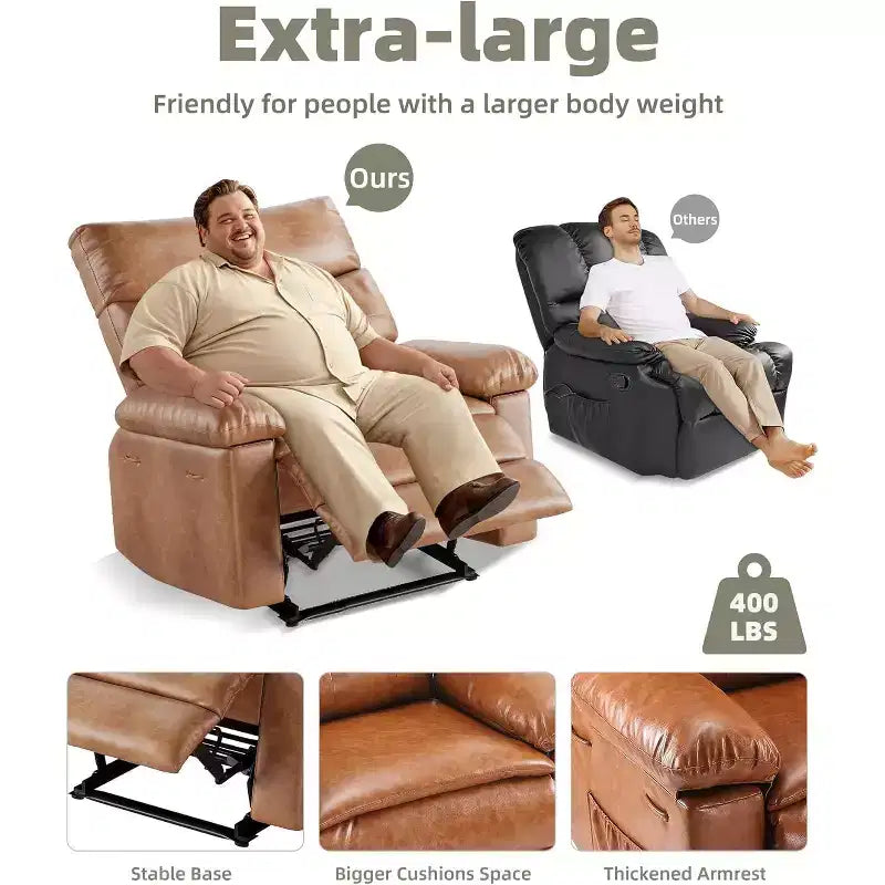 27 Poltrona reclinabile manuale oversize, classica in pelle con supporto lombare e braccioli, seduta per home theater per soggiorno e camera da letto