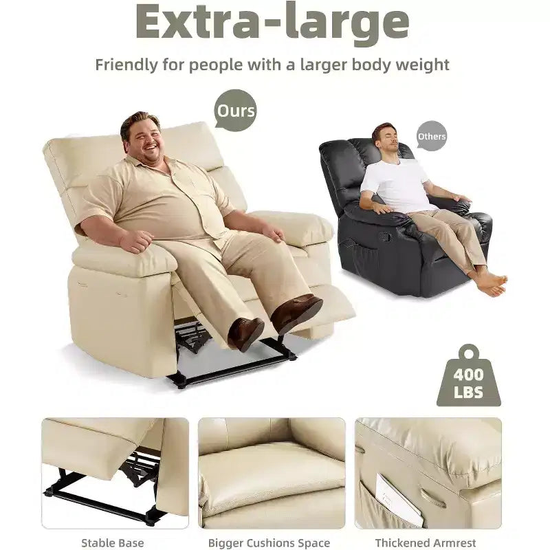 27 Poltrona reclinabile manuale oversize, classica in pelle con supporto lombare e braccioli, seduta per home theater per soggiorno e camera da letto