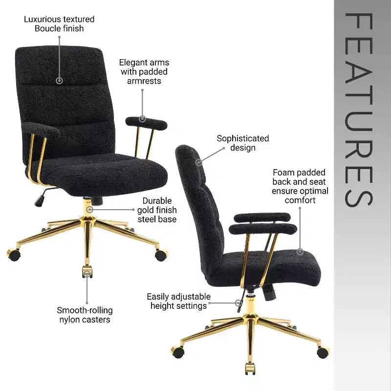 Modern Textured Boucle Fabric Home Office Chair with Gold Leg, Height Adjustable Swivel Task Chairs for Office, Study