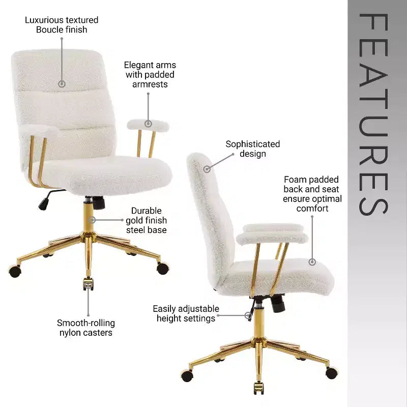 Modern Textured Boucle Fabric Home Office Chair with Gold Leg, Height Adjustable Swivel Task Chairs for Office, Study