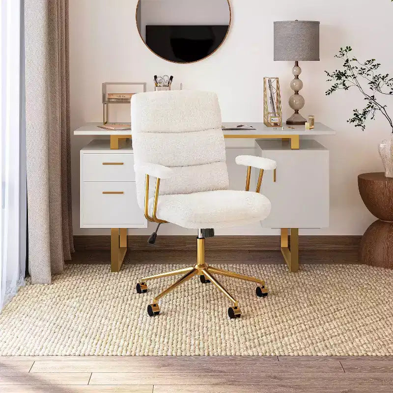 Modern Textured Boucle Fabric Home Office Chair with Gold Leg, Height Adjustable Swivel Task Chairs for Office, Study