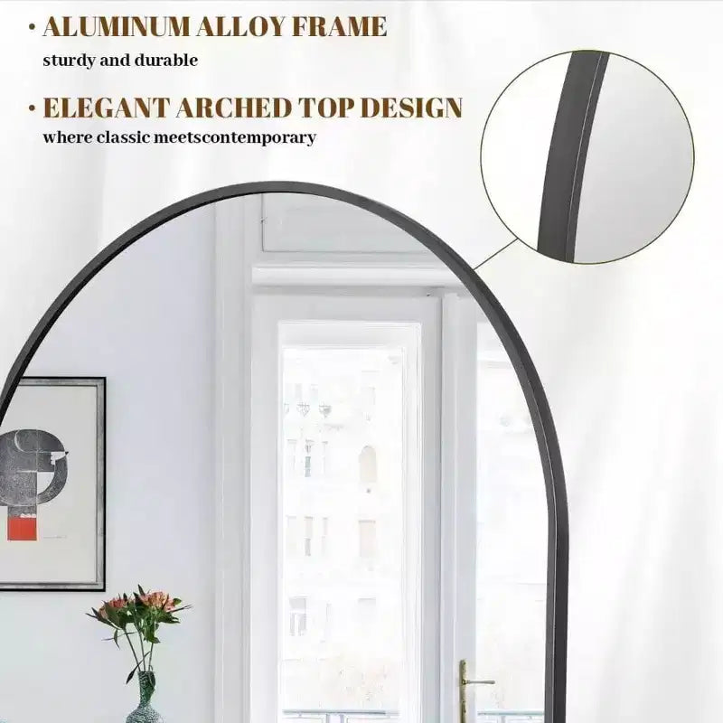 Specchio a figura intera 30x71 nero ad arco. Cornice in alluminio, uso versatile in piedi, appeso o appoggiato per qualsiasi stanza