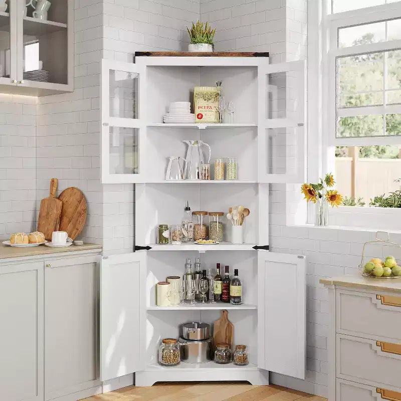 Mobile angolare alto da fattoria rustico, 18.4x26x67 con ante in vetro e ripiani regolabili, mobiletto angolare per cucina, soggiorno, bagno, lavanderia