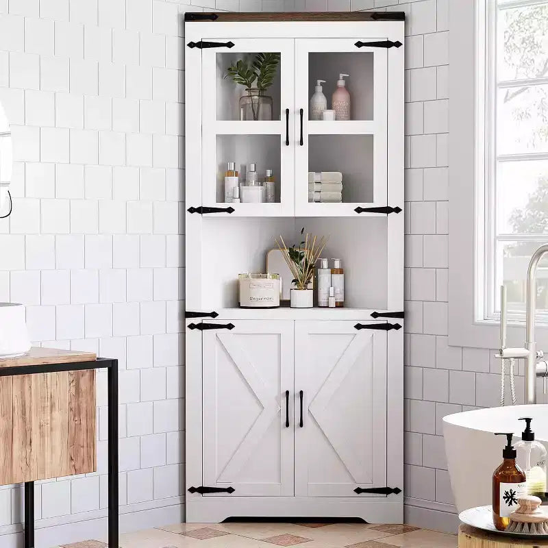 Mobile angolare alto da fattoria rustico, 18.4x26x67 con ante in vetro e ripiani regolabili, mobiletto angolare per cucina, soggiorno, bagno, lavanderia