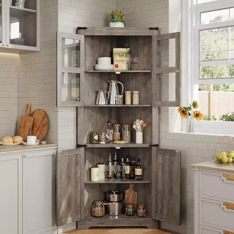 Rustic Farmhouse Tall Corner Cabinet,18.4x26x67with Glass Doors & Adjustable Shelves,Corner Storage for Kitchen,Living Room,Bathroom,Laundry Room