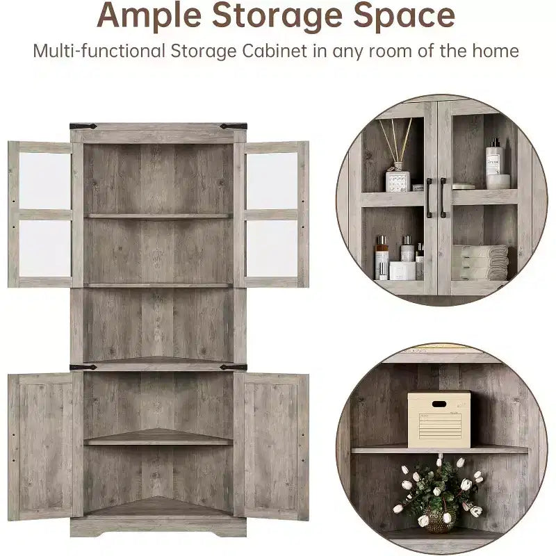 Mobile angolare alto da fattoria rustico, 18.4x26x67 con ante in vetro e ripiani regolabili, mobiletto angolare per cucina, soggiorno, bagno, lavanderia