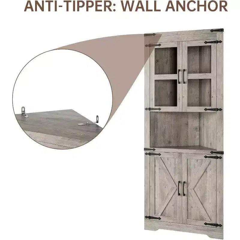 Mobile angolare alto da fattoria rustico, 18.4x26x67 con ante in vetro e ripiani regolabili, mobiletto angolare per cucina, soggiorno, bagno, lavanderia