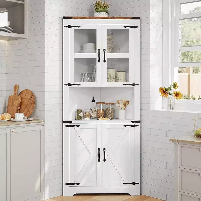 Rustic Farmhouse Tall Corner Cabinet,18.4x26x67with Glass Doors & Adjustable Shelves,Corner Storage for Kitchen,Living Room,Bathroom,Laundry Room