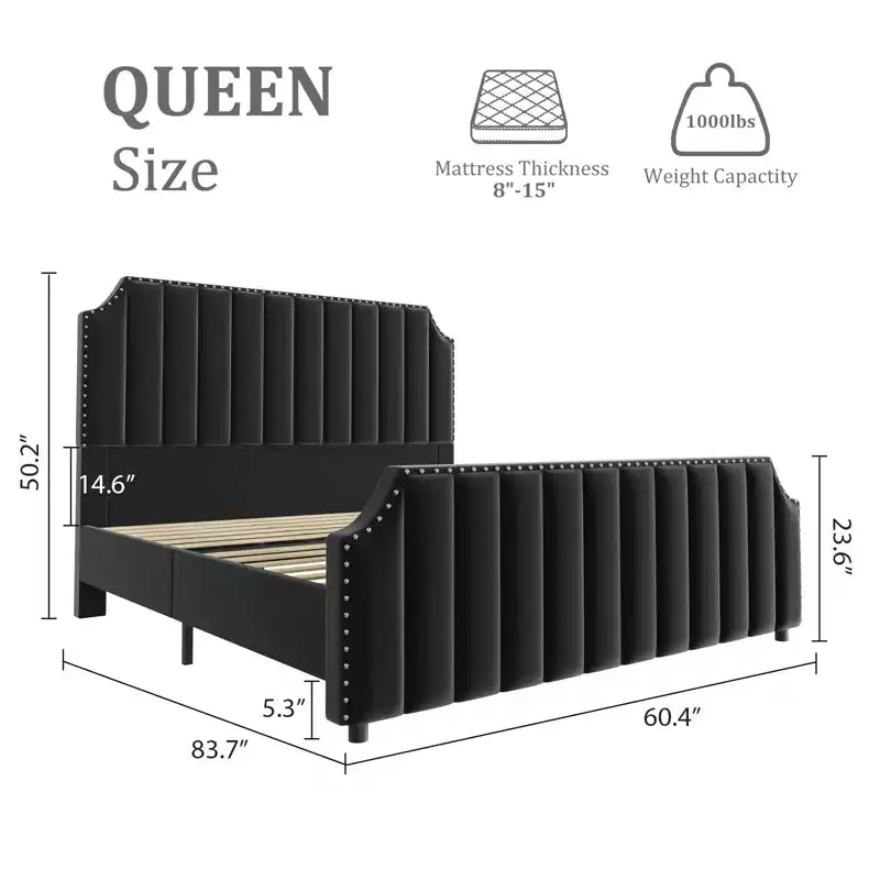Struttura letto King Size, Struttura letto a piattaforma con testiera imbottita in velluto da 50.2'', Decorazione con rivetti, Robuste doghe in legno, Non richiede molle, Nero