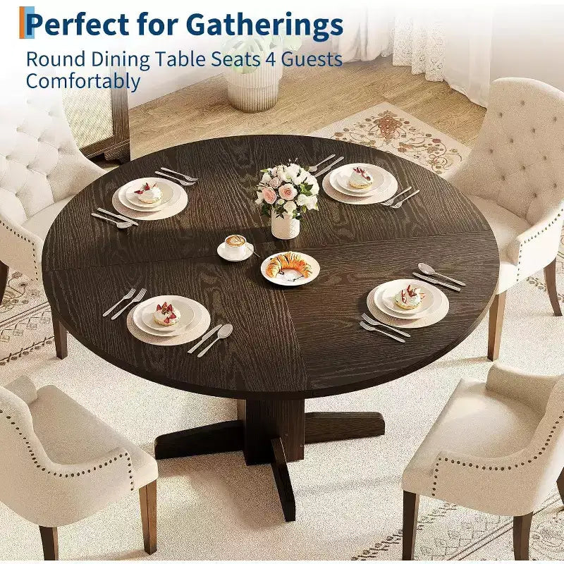 Tavolo da pranzo rotondo nero da 120 cm per 4-6 persone, stile rustico, base robusta a piedistallo, ideale per soggiorno, appartamento, sala da pranzo