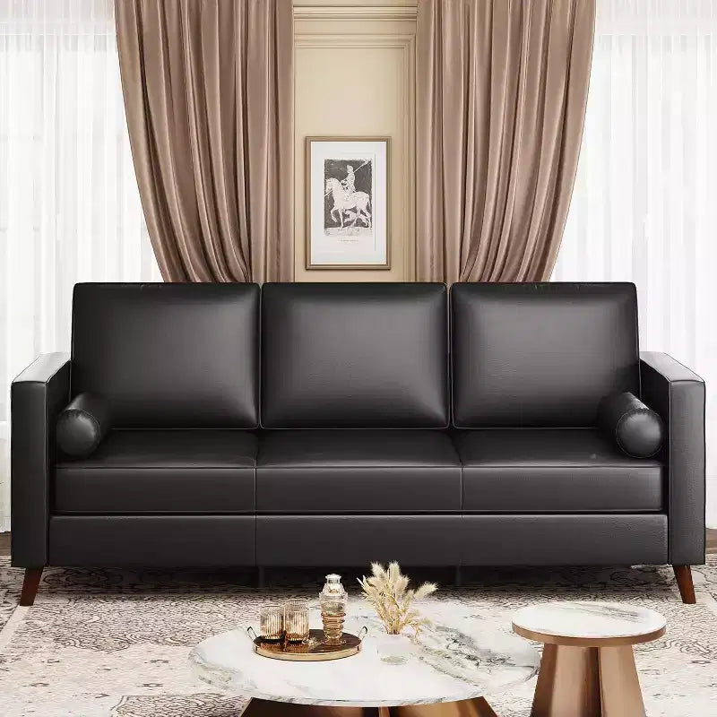 86 Leather Sofa, Mid-Century Modern Couch, Faux Leather Couch with Deep Seats, 3-Seat Sofa for Living Room, Office, Black