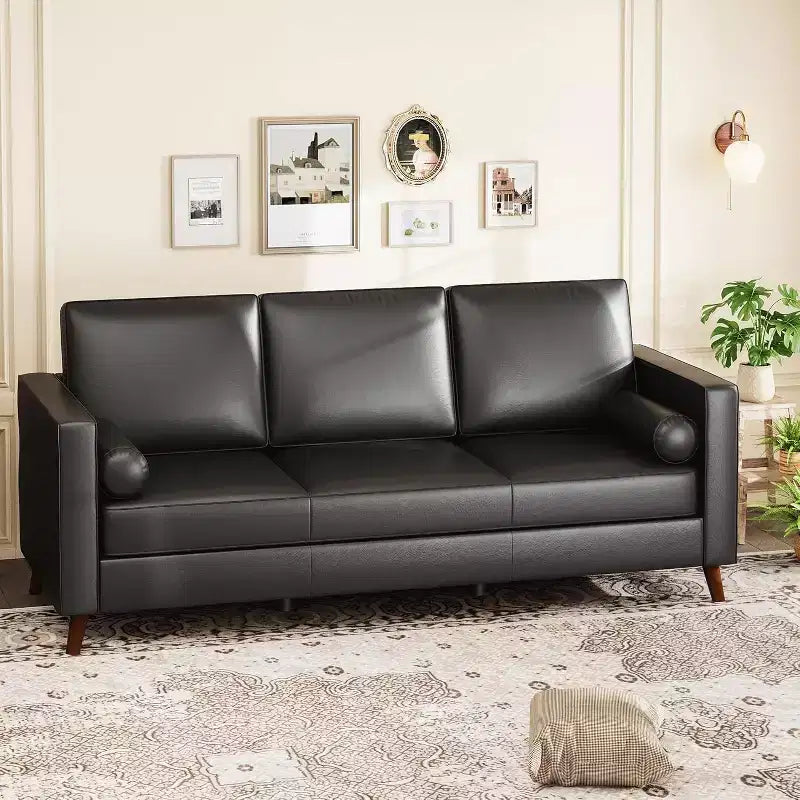 Divano in Pelle 86, Divano Moderno di Metà Secolo, Divano in Similpelle con Sedute Profonde, Divano a 3 Posti per Soggiorno, Ufficio, Nero