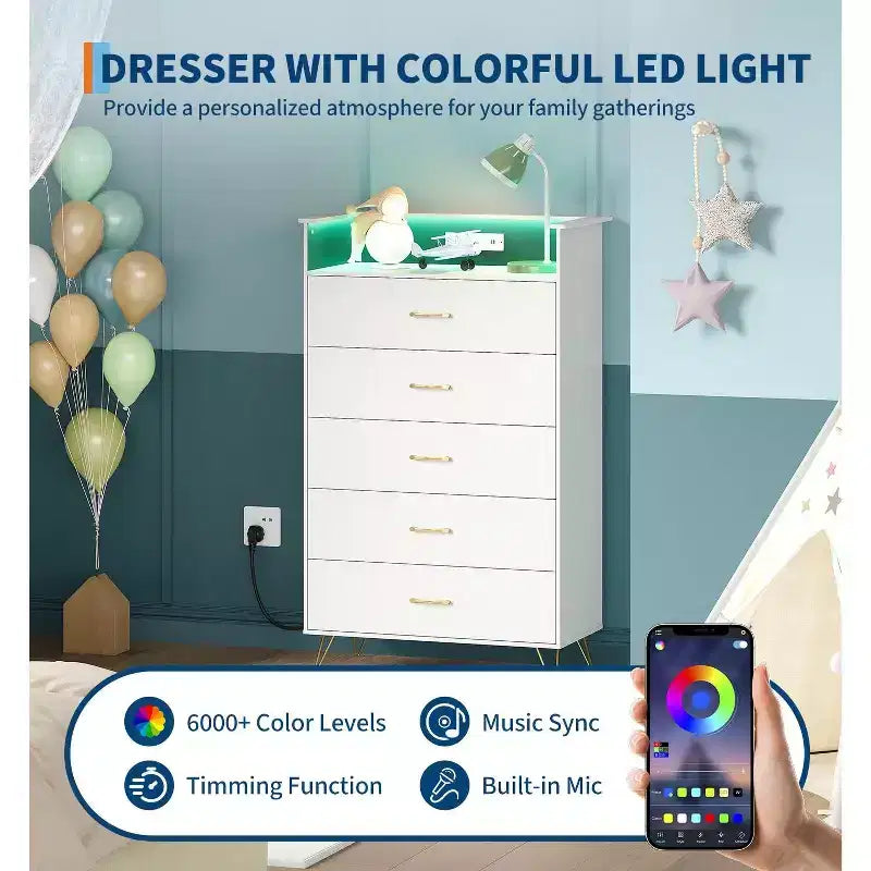 Cassettiera alta a 5 cassetti, cassettiera moderna bianca con cassetti silenziosi, organizer contenitore resistente all'acqua per camera da letto, armadio, corridoio