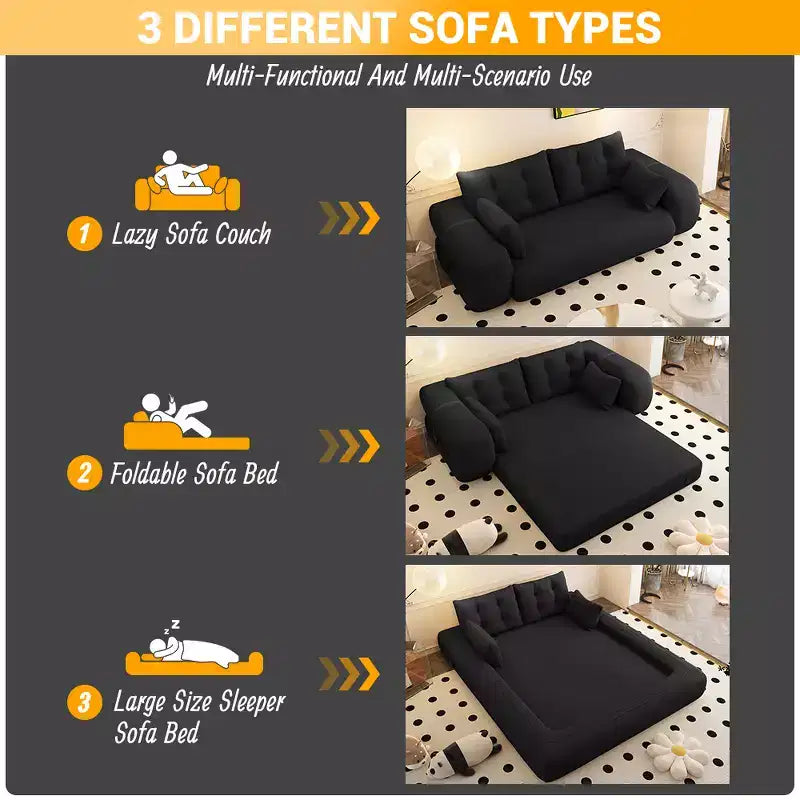 Divano letto pieghevole multifunzionale da 200 cm, divano letto trasformabile 3-in-1 in tessuto Teddy, imbottitura in schiuma, colore nero