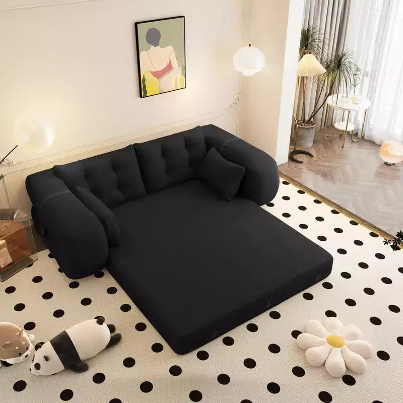 78.7" Multifunctional Foldable Sofa Bed, 3-in-1 Teddy Fabric Foam Filled Sleeper Sofa Bed, Black
