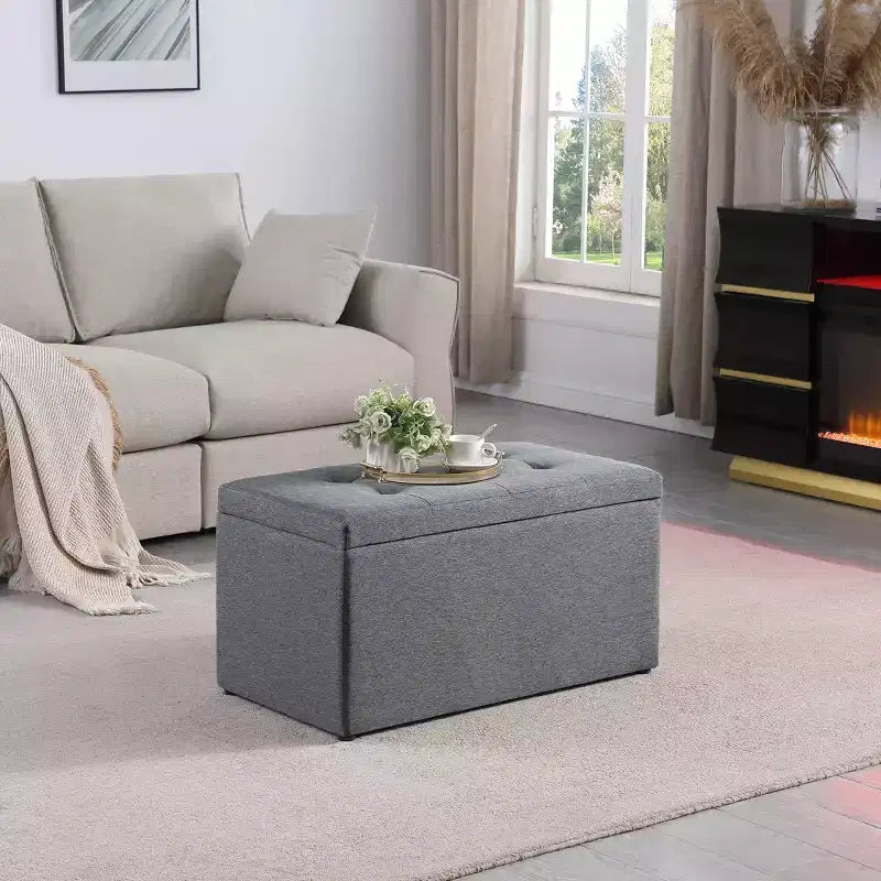 Panca moderna con contenitore e ampio spazio di archiviazione, pouf poggiapiedi con seduta imbottita, panca da ingresso per soggiorno, camera da letto, grigio scuro