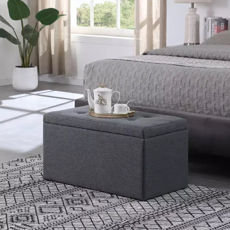 Panca moderna con contenitore e ampio spazio di archiviazione, pouf poggiapiedi con seduta imbottita, panca da ingresso per soggiorno, camera da letto, grigio scuro