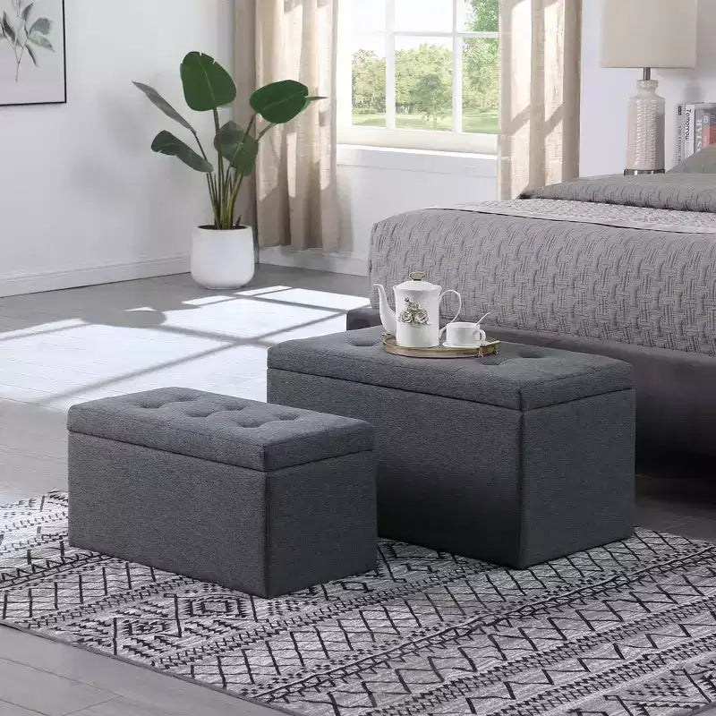 Panca moderna con contenitore e ampio spazio di archiviazione, pouf poggiapiedi con seduta imbottita, panca da ingresso per soggiorno, camera da letto, grigio scuro