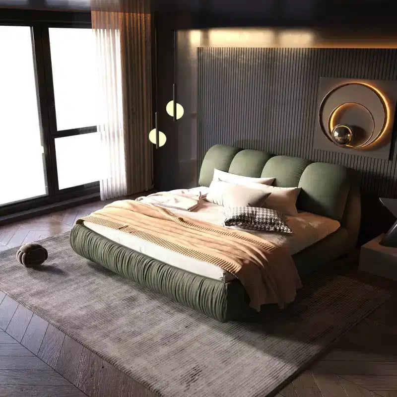 Queen Size Luxury Upholstered Platform Bed with Oversized Padded Headboard and Solid Wood Frame, Green