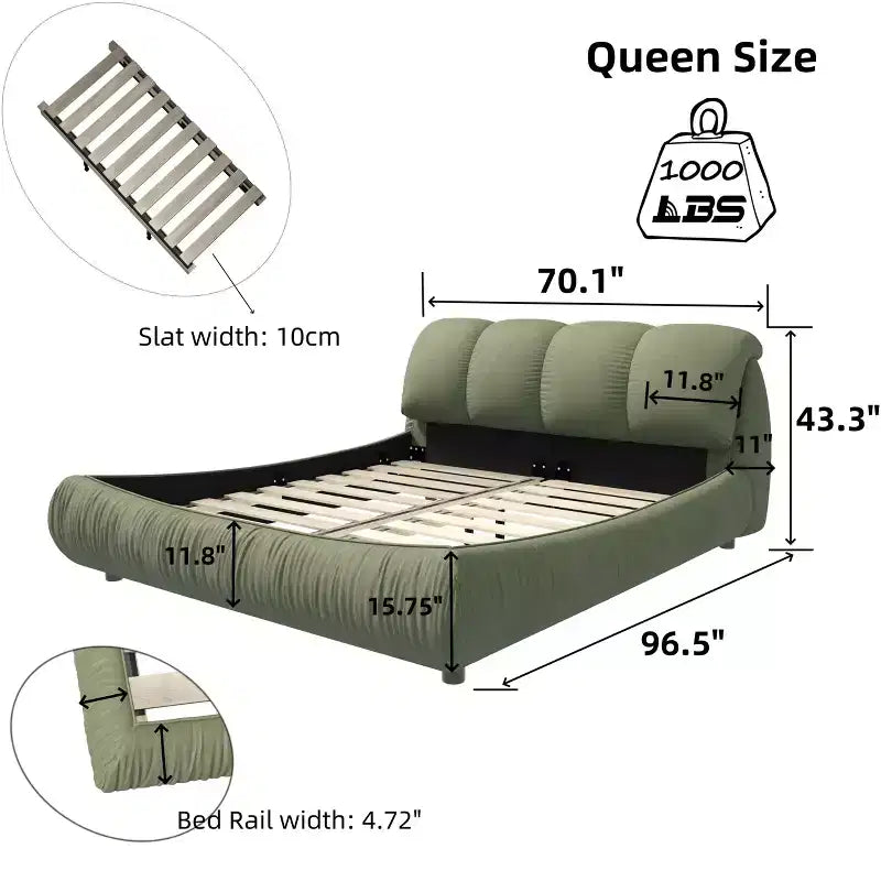 Letto a piattaforma lussuoso queen-size rivestito in tessuto con testiera imbottita oversize e struttura in legno massello, verde