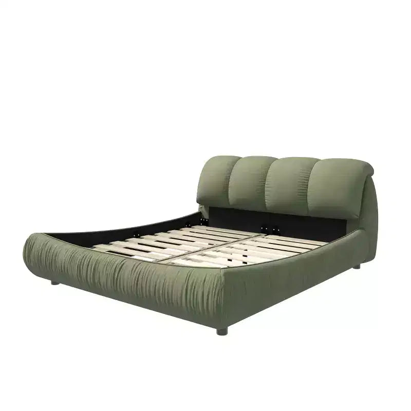 Letto a piattaforma lussuoso queen-size rivestito in tessuto con testiera imbottita oversize e struttura in legno massello, verde