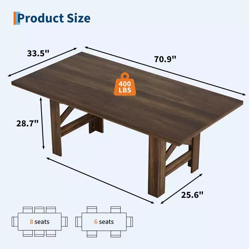 71" Rustic Dining Table, Farmhouse Rectangular Wooden Kitchen Table for 6-8, Thick Rectangle Tabletop, Heavy-Duty Base