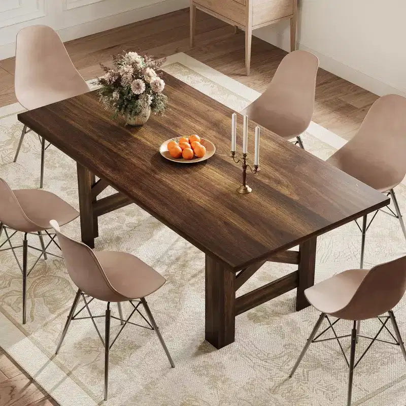 71" Rustic Dining Table, Farmhouse Rectangular Wooden Kitchen Table for 6-8, Thick Rectangle Tabletop, Heavy-Duty Base