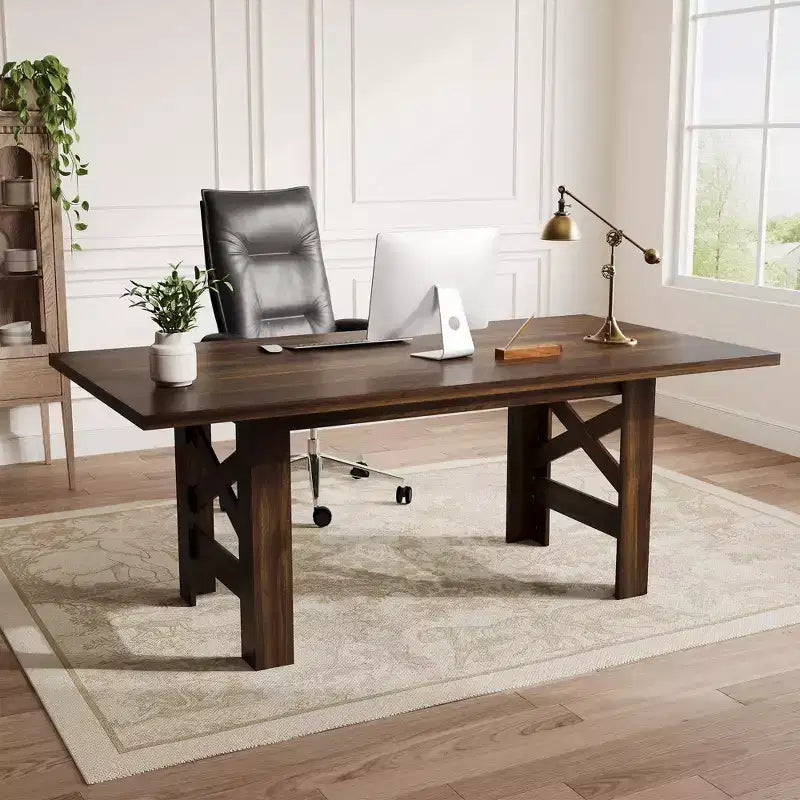 71" Rustic Dining Table, Farmhouse Rectangular Wooden Kitchen Table for 6-8, Thick Rectangle Tabletop, Heavy-Duty Base