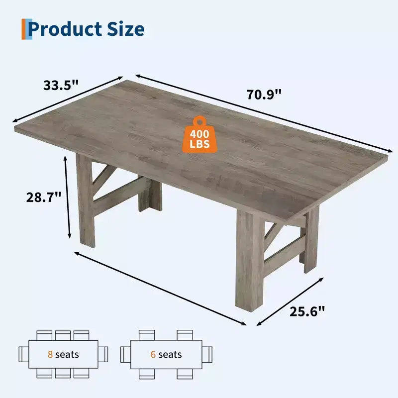 71" Rustic Dining Table, Farmhouse Rectangular Wooden Kitchen Table for 6-8, Thick Rectangle Tabletop, Heavy-Duty Base