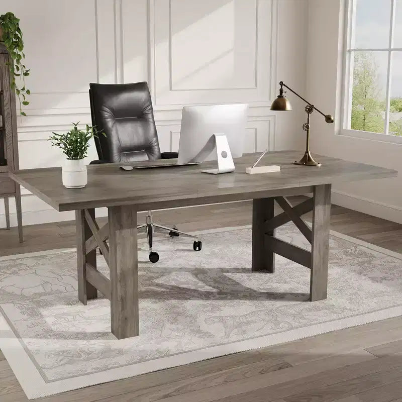 71" Rustic Dining Table, Farmhouse Rectangular Wooden Kitchen Table for 6-8, Thick Rectangle Tabletop, Heavy-Duty Base